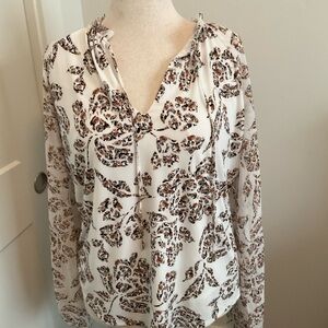 White House Black Market White and Brown Floral Blouse